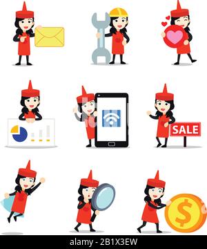 Setzen Sie die Figur der Frauen in einem Ketchup-Flaschenkostüm, um für ein neues Produkt zu werben. Stock Vektor