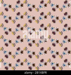 Vektortextur mit pinkfarbenem Chevron-Blumenmuster. Maskulin geometrisches, nahtlos stilisiertes Blumenmuster. Handgezeichneter Hintergrund mit verschiedenen Gänseblümchen. Strukturiert Stock Vektor