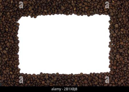 Ein Rahmen aus dunkel gerösteten Kaffeebohnen. Fügen Sie hier Ihren Text ein. Stockfoto