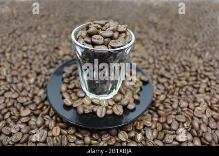 Dunkel geröstete Kaffeebohnen in einer Piccolo-Tasse und Untertasse Stockfoto