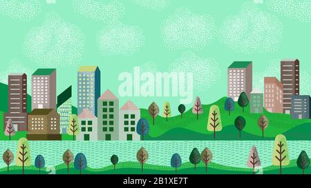 Vektorgrafiken in einfachem, minimalgeometrischem Flachstil - Stadtlandschaft mit Gebäuden, Hügeln und Bäumen Stock Vektor
