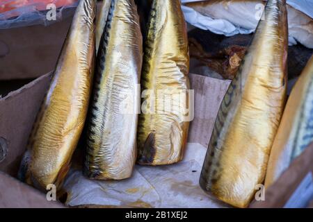 Kaltgeräucherte Makrele in einer Wellpappe auf der Theke. Hintergrund. Stockfoto