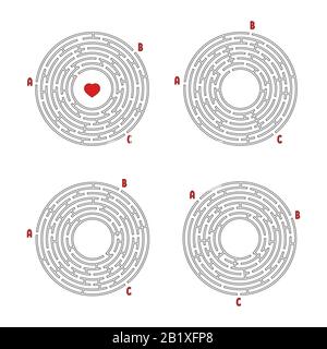 Ein Set runder Labyrinthe. Spiel für Kinder. Puzzle für Kinder. Labyrinth-Rätsel. Flache Vektorgrafiken isoliert auf weißem Hintergrund. Stock Vektor