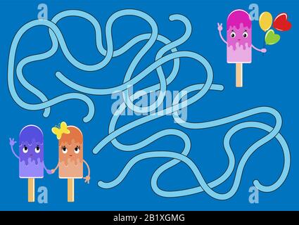 Abstraktes Farblabyrinth. Helfen Sie der süßen Eiscreme, die Eiscreme mit Luftballons zu erreichen. Arbeitsblätter für Kinder. Aktivitätsseite. Spielpuzzle für Kinder. Cartoon s Stock Vektor