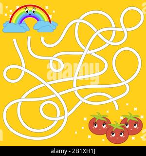 Abstraktes Farblabyrinth. Helfen Sie dem Regenbogen, die Tomaten zu erreichen. Arbeitsblätter für Kinder. Aktivitätsseite. Spielpuzzle für Kinder. Cartoon-Stil. Labyrinth-Conund Stock Vektor