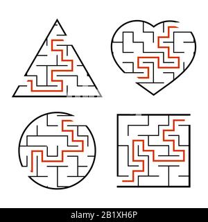 Eine Reihe von Labyrinthe. Kreis, Quadrat, Dreieck, Herz. Spiel für Kinder. Puzzle für Kinder. Ein Eingang, ein Ausgang. Labyrinth-Rätsel. Flacher Vektor illustrr Stock Vektor