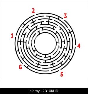 Schwarzes Rundlabyrinth. Spiel für Kinder. Kinderrätsel. Viele Eingänge, ein Ausgang. Labyrinth-Rätsel. Einfache flache Vektordarstellung isoliert auf weißem B. Stock Vektor