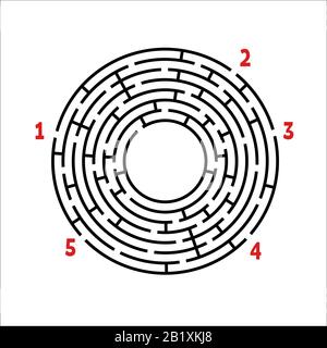 Schwarzes Rundlabyrinth. Spiel für Kinder. Kinderrätsel. Viele Eingänge, ein Ausgang. Labyrinth-Rätsel. Einfache flache Vektordarstellung isoliert auf weißem B. Stock Vektor