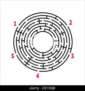 Schwarzes Rundlabyrinth. Spiel für Kinder. Kinderrätsel. Viele Eingänge, ein Ausgang. Labyrinth-Rätsel. Einfache flache Vektordarstellung isoliert auf weißem B. Stock Vektor