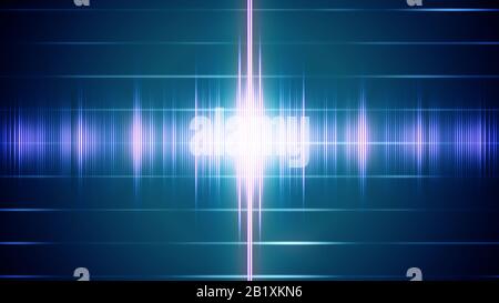 Abstrakte digitale Klangwelle auf dem gestreiften Hintergrund mit Lichtsignalen. Rave-Musik-Konzept. 2D-Abbildung. Stockfoto