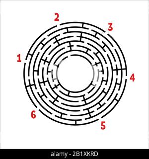 Schwarzes Rundlabyrinth. Spiel für Kinder. Kinderrätsel. Viele Eingänge, ein Ausgang. Labyrinth-Rätsel. Einfache flache Vektordarstellung isoliert auf weißem B. Stock Vektor