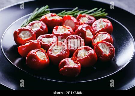 Heiße rote, winzige Kirschpfeffer, gefüllt mit weichem Ricotta-Käse, serviert auf einem schwarzen Teller mit Rosmarinsprigen auf dunklem Betongrund, horizontal oder Stockfoto