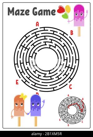 Abstraktes Rundlabyrinth. Arbeitsblätter für Kinder. Aktivitätsseite. Spielpuzzle für Kinder. Süßes Cartoon-Eis. Labyrinth-Rätsel. Vektorgrafiken. Mit Stock Vektor