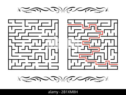 Abstraktes quadratisches Labyrinth. Spiel für Kinder. Puzzle für Kinder. Ein Eingang, ein Ausgang. Labyrinth-Rätsel. Flache Vektorgrafiken isoliert auf weißem Rücken Stock Vektor