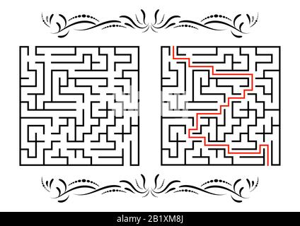 Abstraktes quadratisches Labyrinth. Spiel für Kinder. Puzzle für Kinder. Ein Eingang, ein Ausgang. Labyrinth-Rätsel. Flache Vektorgrafiken isoliert auf weißem Rücken Stock Vektor