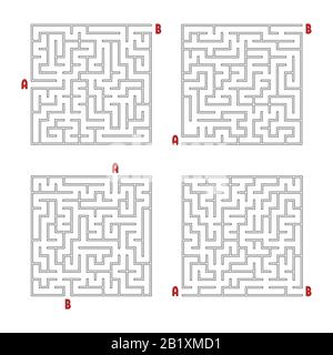Ein Satz quadratischer Labyrinthe. Spiel für Kinder. Puzzle für Kinder. Labyrinth-Rätsel. Flache Vektorgrafiken isoliert auf weißem Hintergrund. Stock Vektor