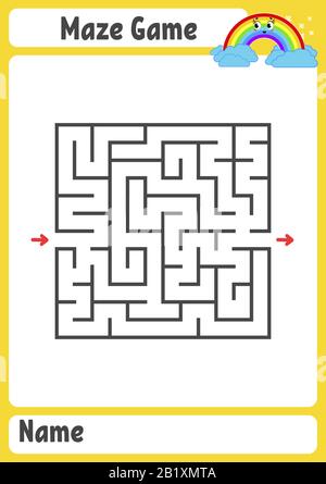 Abstraktes quadratisches Labyrinth. Arbeitsblätter für Kinder. Aktivitätsseite. Spielpuzzle für Kinder. Niedlicher Cartoon-Regenbogen. Labyrinth-Rätsel. Vektorgrafiken Stock Vektor