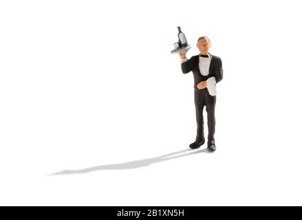 Kellner mit einer Flasche Wein auf dem Tablett in einem Tuxedo in einem Nachtclub oder Hotel über einem weißen Hintergrund Stockfoto
