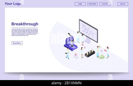 Vorlage für isometrische Landing-Page für den wissenschaftlichen Durchbruch. Chemikern und Pharmakologen haben sich für neue Formeln begeistert. 3D-Labor mit modernen Geräten, Mikroskop Stock Vektor