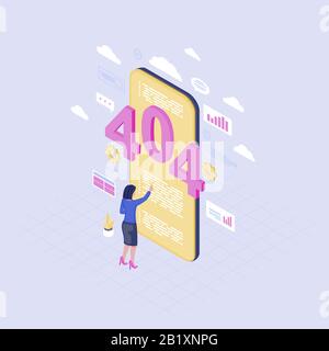 Problem beim Durchsuchen des Smartphones Isometrische Abbildung. 404-Fehlermeldung auf dem Bildschirm des Mobiltelefons. Weiblicher Benutzer liest Benachrichtigung über verloren gegangene Serververbindungen Stock Vektor