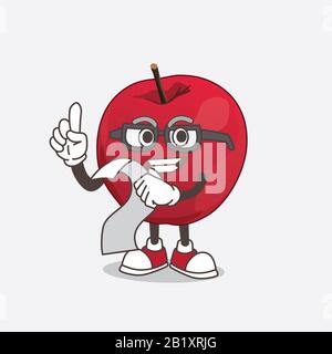 Ein Bild der figur des apple Cartoon-Maskottchens, das ein Menü hält Stockfoto