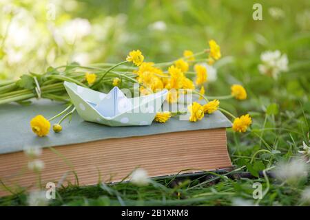 Altes Buch, gelbe Blumen und Papaer Boot in grünem Gras über gelbem Sonnenschein. Zauberbuch, Zeit zum Träumen, Entspannungskonzept für die Sommersaison im Frühjahr Stockfoto