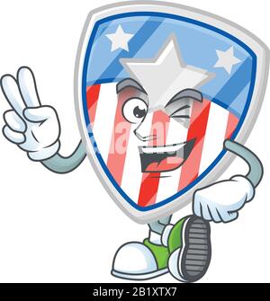 Niedliches Cartoon-Maskottchen-Bild von Schild-Abzeichen USA mit Stern mit zwei Fingern Stock Vektor