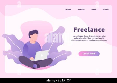 Freiberuflich mit Freelancer-Konzept mit Mann Crosslegs verwenden Laptop für Website-Vorlage oder Landing Homepage Vektor Stockfoto