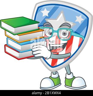 Eine trostlos kluge Zeichentrickfigur von Schilderabzeichen USA mit Stern studiert mit einigen Büchern Stock Vektor