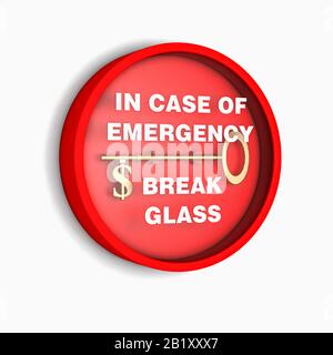 Eine Feueralarmanlage aus Bruchglas mit einem Goldschlüssel mit einem US-Dollar-Symbol und einem finanziellen Notfallkonzept Stockfoto