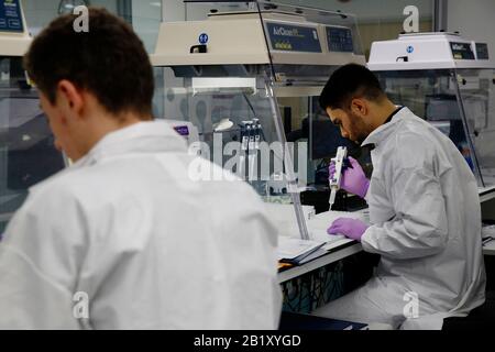 David Arancon (R), wissenschaftlicher Mitarbeiter, verteilt Komponentenbestandteile des Primerdesign Coronavirus COVID-19-Nachweiskits beim Primerdesign Off Stockfoto