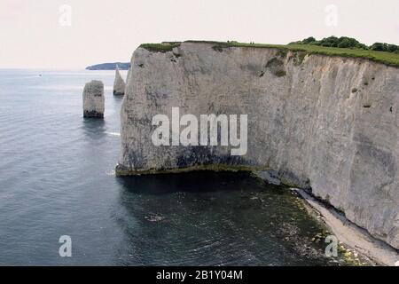 Blick nach Süden von Handfast Point, Dorset, England: Im Vordergrund stehen die Pinnacles, die Teil des UNESCO-Welterbes Jurassic Coast sind Stockfoto