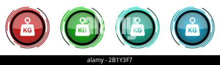 Gewicht, kg, Kilogramm runde Hochglanzvektor-Symbole, Tastensatz für Webdesign, Internet- und Handyanwendungen in vier Farben isoliert o Stock Vektor