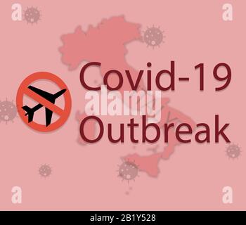 Konzept des Reiseverbots aufgrund des kovid-19, Coronavirus, nCov-19-Ausbruchs in Italien mit Karte von Italien Stockfoto