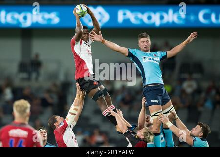 Sydney, Australien. Februar 2020. Lions gewinnen beim Super Rugby-Spiel zwischen NSW Waratahs und Emirates Lions im Bankwest Stadium, Sydney, Australien am 28. Februar 2020 eine Auslosung. Foto von Peter Dovgan. Nur redaktionelle Nutzung, Lizenz für kommerzielle Nutzung erforderlich. Keine Verwendung bei Wetten, Spielen oder einer einzelnen Club-/Liga-/Spielerpublikationen. Kredit: UK Sports Pics Ltd/Alamy Live News Stockfoto