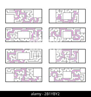Ein Satz rechteckiger Labyrinthe für Kinder. Ein Puzzle-Spiel. Einfache flache Vektorgrafiken isoliert auf weißem Hintergrund. Mit der richtigen Antwort Stock Vektor