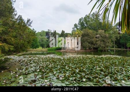 Das Gebäude wurde inmitten eines Teiches mit Lilienstätten im Englischen Garten des Königlichen Palastes von Caserta, Italien, abgebrochen. Аn Ruinen eines Tempels. Stockfoto