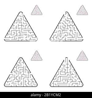 Abstraktes, dreieckiges Labyrinth. Schwarze Farbe auf weißem Hintergrund. Vier Optionen. Ein interessantes Spiel für Kinder. Vektorgrafiken Stock Vektor