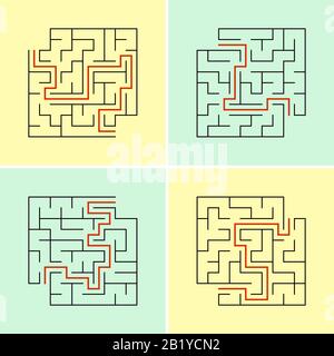 Satz abstrakter quadratischer Labyrinthe. Ein Spiel für Kinder. Eine einfache, flache Vektorgrafik, isoliert auf einem farbigen Hintergrund. Mit einem Platz für Ihre Ziehung Stock Vektor