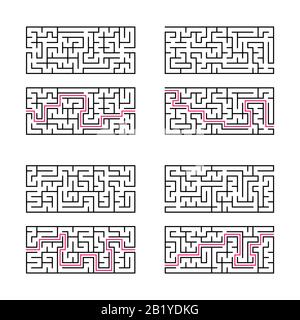 Vier rechteckige Labyrinthe. Ein Spiel für Kinder. Einfache flache Vektorgrafiken isoliert auf weißem Hintergrund. Mit der Antwort Stock Vektor