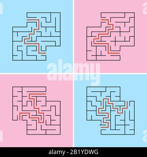 Satz abstrakter quadratischer Labyrinthe. Ein Spiel für Kinder. Eine einfache, flache Vektorgrafik, isoliert auf einem farbigen Hintergrund. Mit einem Platz für Ihre Ziehung Stock Vektor