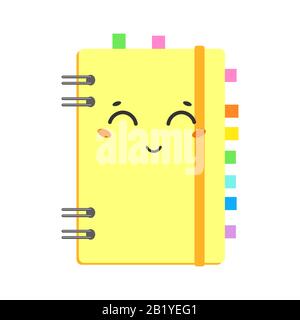 Niedliches Cartoon-Notizbuch auf einer Spirale in einem gelben Cover mit farbigen Lesezeichen. Süßer Charakter. Einfache flache Vektordarstellung isoliert auf weißem Backgrou Stock Vektor