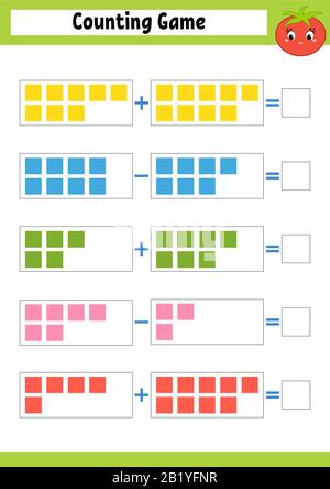 Zählspiel für Vorschouler. Pädagogisches mathematisches Spiel über Addition und Subtraktion. Aktives Arbeitsblatt für Kinder. Helle Vektorgrafiken. Stock Vektor