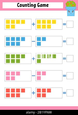 Zählspiel für Vorschouler. Pädagogisches mathematisches Spiel über Addition und Subtraktion. Aktives Arbeitsblatt für Kinder. Helle Vektorgrafiken. Stock Vektor