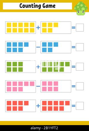 Zählspiel für Vorschouler. Pädagogisches mathematisches Spiel über Addition und Subtraktion. Aktives Arbeitsblatt für Kinder. Helle Vektorgrafiken. Stock Vektor