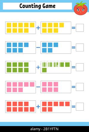 Zählspiel für Vorschouler. Pädagogisches mathematisches Spiel über Addition und Subtraktion. Aktives Arbeitsblatt für Kinder. Helle Vektorgrafiken. Stock Vektor