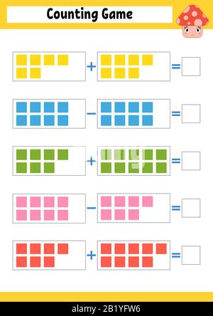 Zählspiel für Vorschouler. Pädagogisches mathematisches Spiel über Addition und Subtraktion. Aktives Arbeitsblatt für Kinder. Helle Vektorgrafiken. Stock Vektor