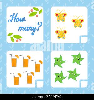 Zählspiel für Vorschulkinder zur Entwicklung mathematischer Fähigkeiten. Zählen Sie die Anzahl der Objekte im Bild. Mit einem Ort für answe Stock Vektor