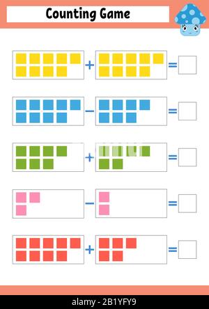 Zählspiel für Vorschouler. Pädagogisches mathematisches Spiel über Addition und Subtraktion. Aktives Arbeitsblatt für Kinder. Helle Vektorgrafiken. Stock Vektor