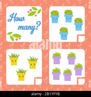 Zählspiel für Vorschulkinder zur Entwicklung mathematischer Fähigkeiten. Zählen Sie die Anzahl der Objekte im Bild. Mit einem Ort für answe Stock Vektor
